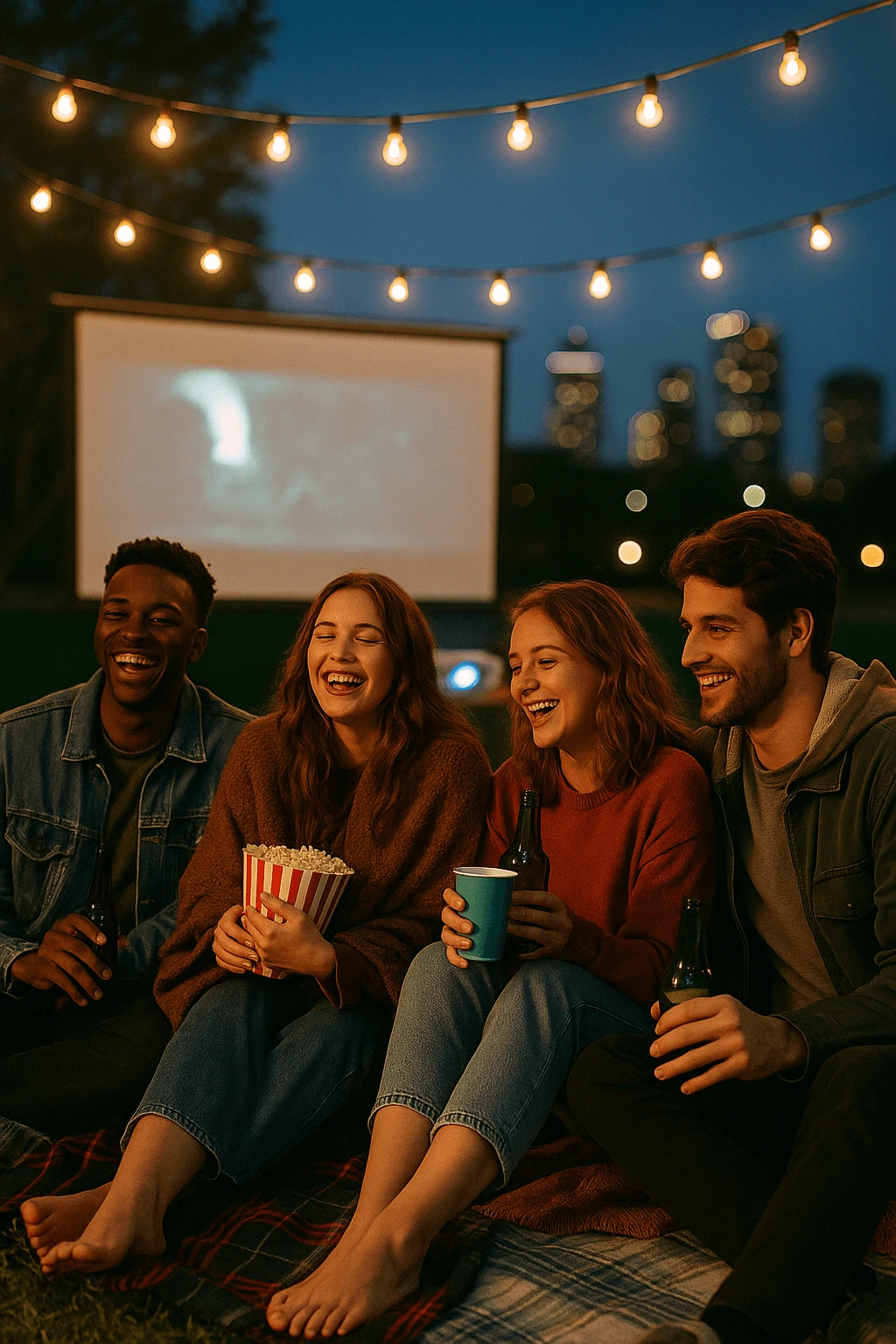A group of young adults sit on picnic blankets at an evening outdoor film screening. Fairy lights string above, and a glowing projector casts a movie on a large white screen in the background. They’re laughing, holding popcorn, drinks, and bundled in cozy layers. A city skyline blurs in the distance behind them. Joyful, dreamy, and cinematic atmosphere