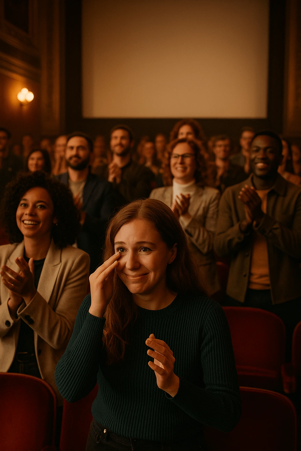 Inside a classic theater with velvet seats and golden accents, a diverse crowd stands applauding. A woman in the front row wipes a tear while smiling. The screen in the background glows subtly. Everyone is dressed in smart-casual or artsy outfits. Warm light bounces off their faces. The moment feels emotional, proud, electric.