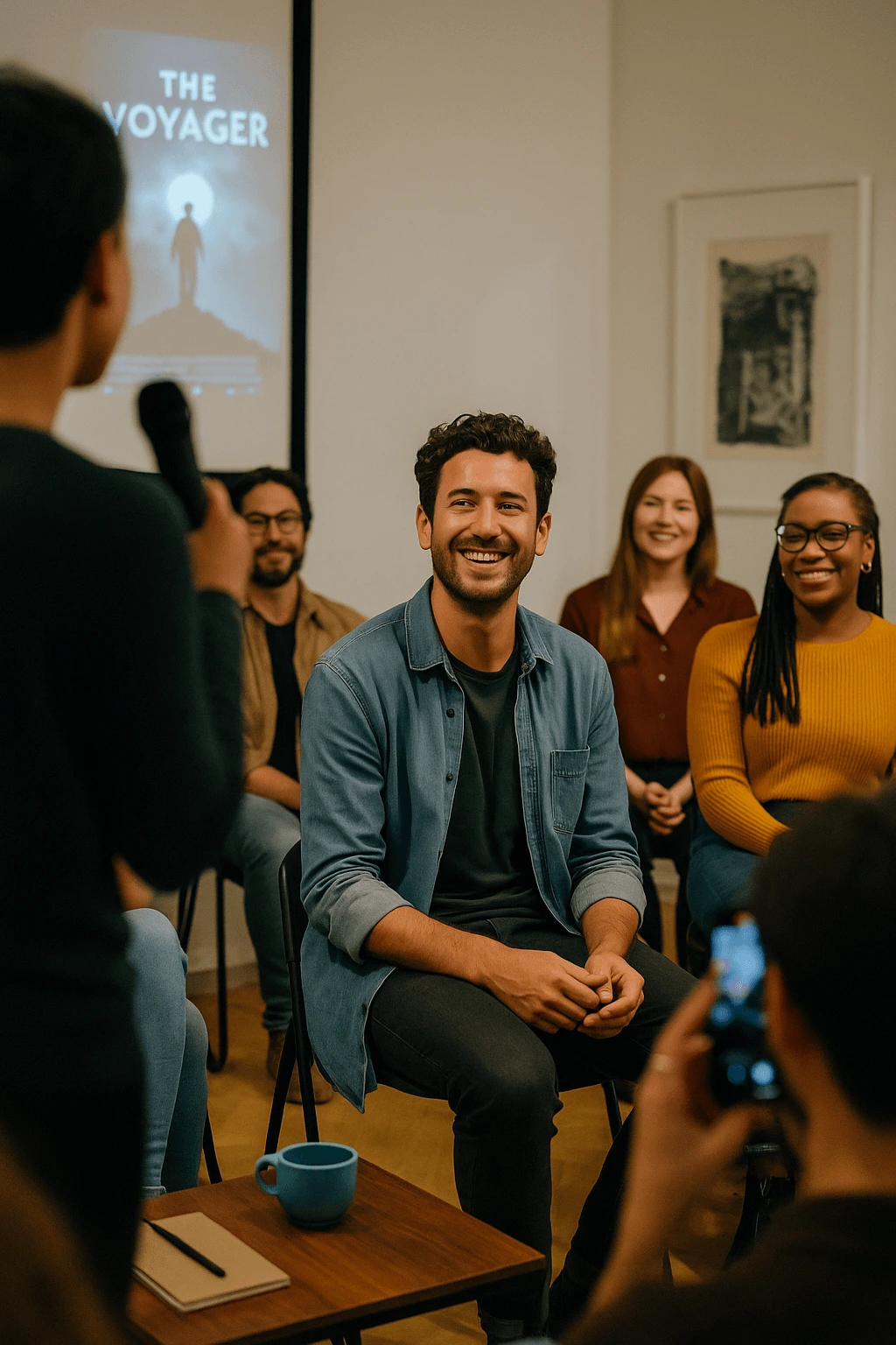 A small panel discussion after a screening: an indie filmmaker, smiling, responds to an audience question. A person in the audience stands with a mic. People are engaged and nodding, some recording on phones. Behind them, a projected film poster adds context. The space is creative and intimate—art gallery vibes.