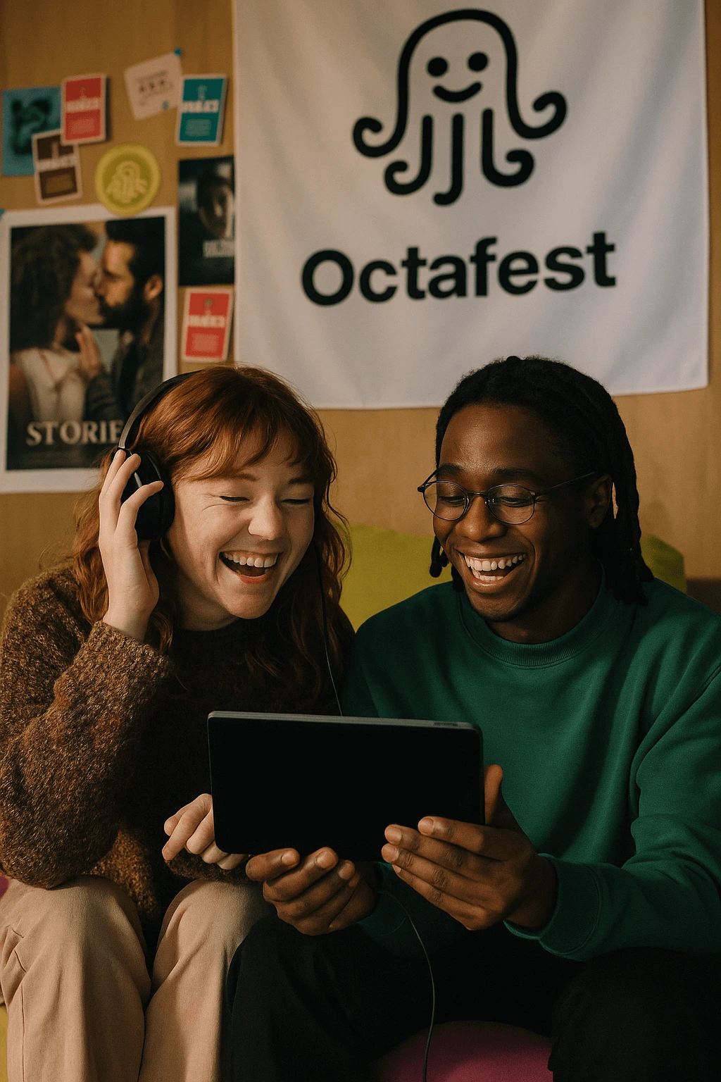 Two friends sit in a branded Octafest lounge area with bean bags and colorful cushions. They’re sharing headphones, watching a short film on a tablet, laughing and reacting. Around them, posters, badges, and banners make it feel like a lively media hub. Candid joy, relaxed but energetic.